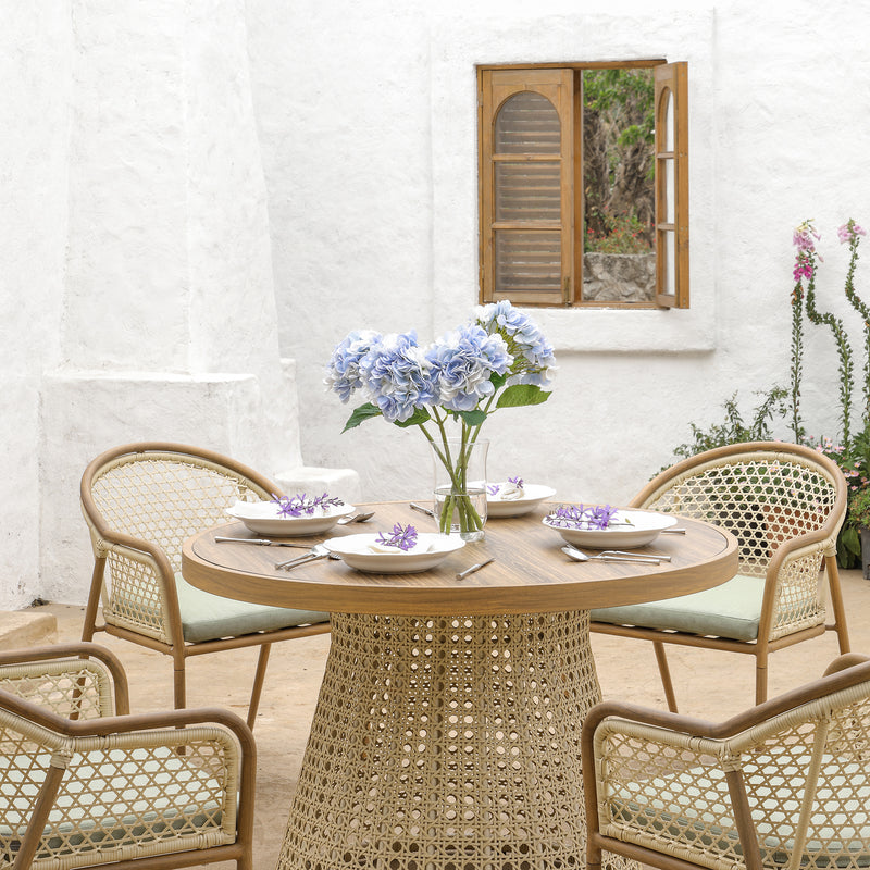 Pienza Outdoor Rattan 4-Seater Round Dining Set, Sage Green Fabric with Light Walnut Frame