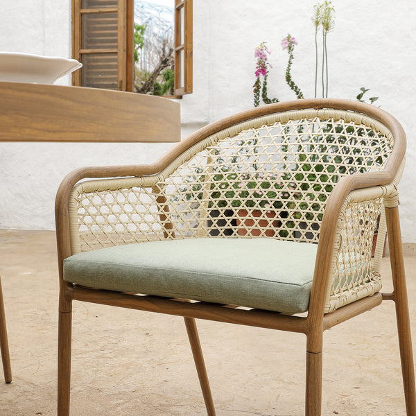 Pienza Outdoor Rattan 4-Seater Round Dining Set, Sage Green Fabric with Light Walnut Frame