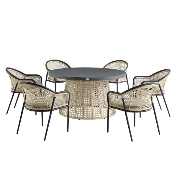 Pienza Outdoor Rattan 6 - Seater Round Dining Set, Oatmeal Fabric with Black Frame - daals