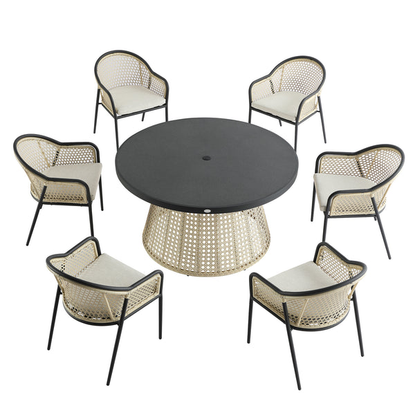 Pienza Outdoor Rattan 6 - Seater Round Dining Set, Oatmeal Fabric with Black Frame - daals