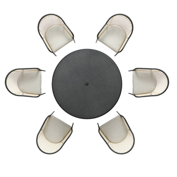 Pienza Outdoor Rattan 6 - Seater Round Dining Set, Oatmeal Fabric with Black Frame - daals