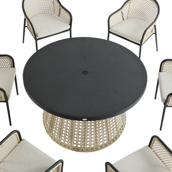 Pienza Outdoor Rattan 6 - Seater Round Dining Set, Oatmeal Fabric with Black Frame - daals