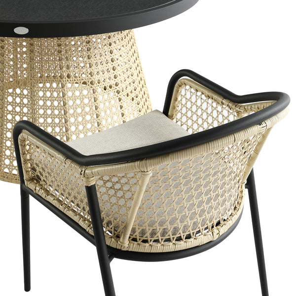 Pienza Outdoor Rattan 6 - Seater Round Dining Set, Oatmeal Fabric with Black Frame - daals