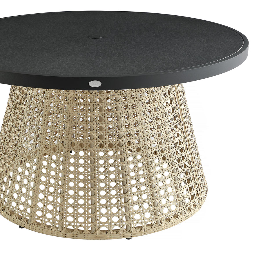 Pienza Outdoor Rattan 6-Seater Round Dining Set, Oatmeal Fabric with Black Frame