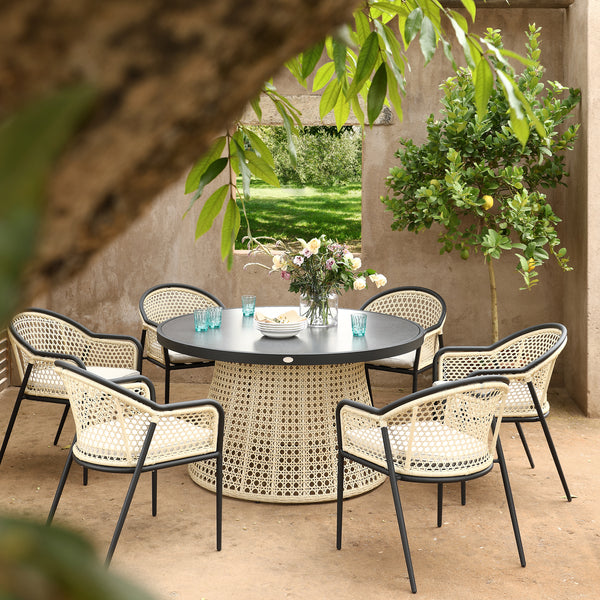 Pienza Outdoor Rattan 6 - Seater Round Dining Set, Oatmeal Fabric with Black Frame - daals