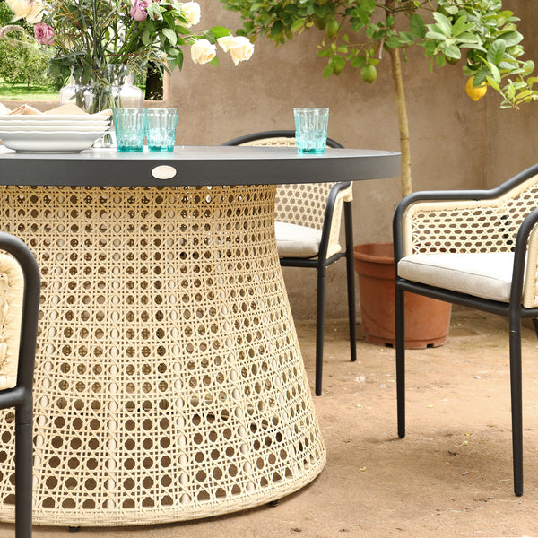 Pienza Outdoor Rattan 6 - Seater Round Dining Set, Oatmeal Fabric with Black Frame - daals