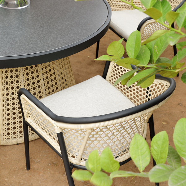 Pienza Outdoor Rattan 6 - Seater Round Dining Set, Oatmeal Fabric with Black Frame - daals
