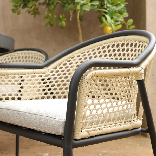 Pienza Outdoor Rattan 6 - Seater Round Dining Set, Oatmeal Fabric with Black Frame - daals