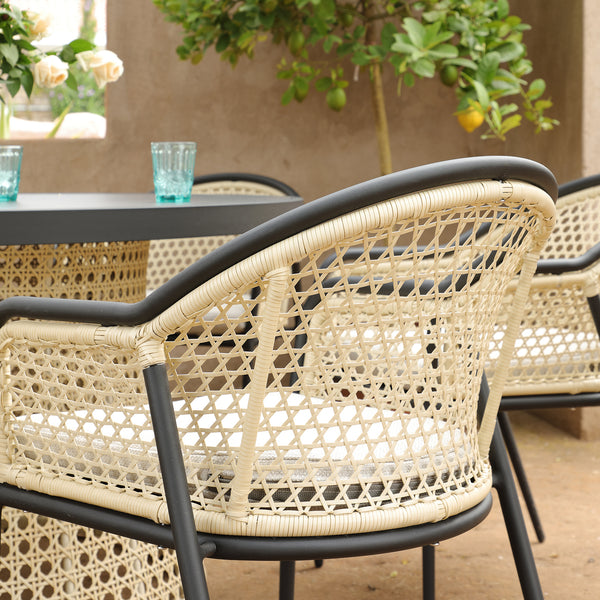 Pienza Outdoor Rattan 6 - Seater Round Dining Set, Oatmeal Fabric with Black Frame - daals