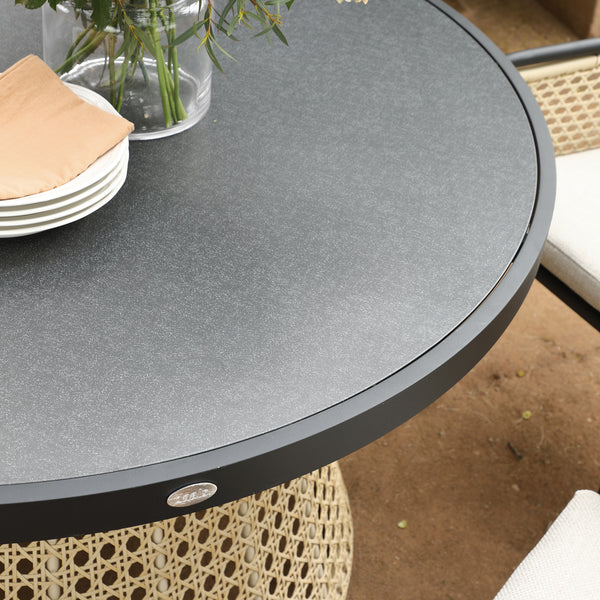 Pienza Outdoor Rattan 6 - Seater Round Dining Set, Oatmeal Fabric with Black Frame - daals