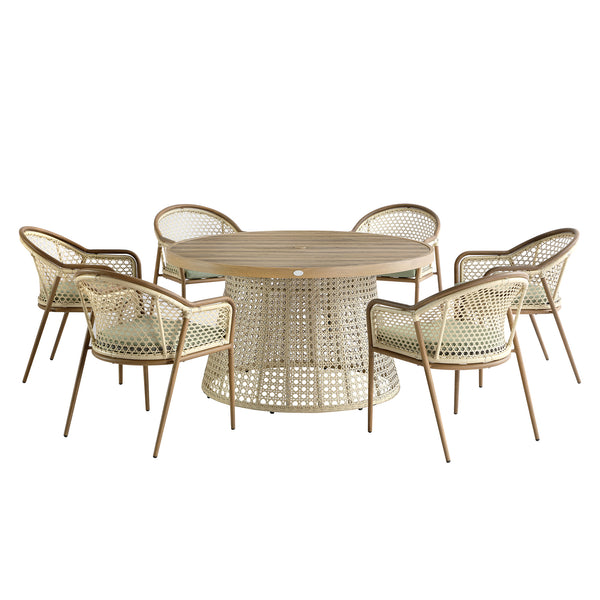 Pienza Outdoor Rattan 6-Seater Round Dining Set, Sage Green Fabric with Light Walnut Frame
