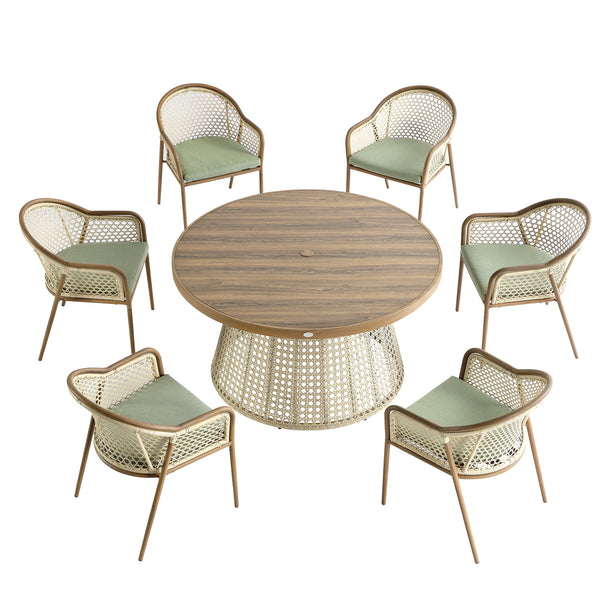 Pienza Outdoor Rattan 6-Seater Round Dining Set, Sage Green Fabric with Light Walnut Frame