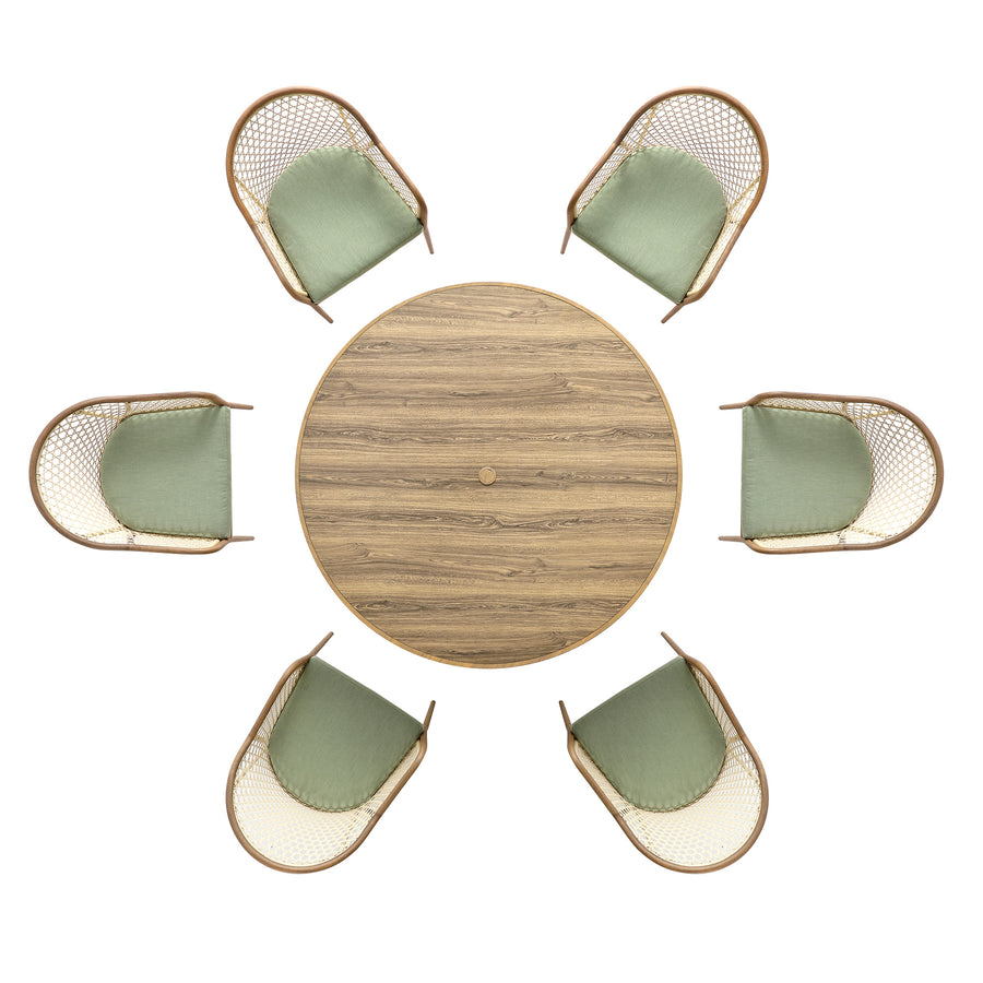 Pienza Outdoor Rattan 6-Seater Round Dining Set, Sage Green Fabric with Light Walnut Frame