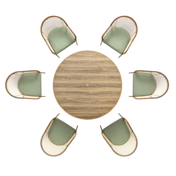 Pienza Outdoor Rattan 6-Seater Round Dining Set, Sage Green Fabric with Light Walnut Frame