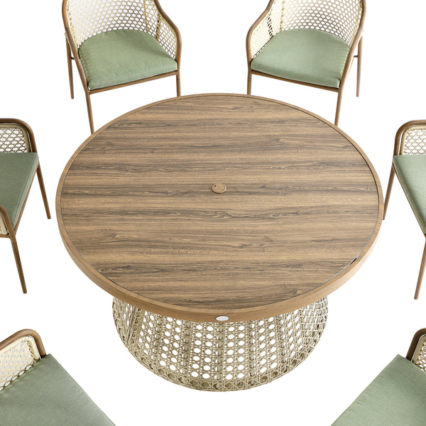 Pienza Outdoor Rattan 6-Seater Round Dining Set, Sage Green Fabric with Light Walnut Frame