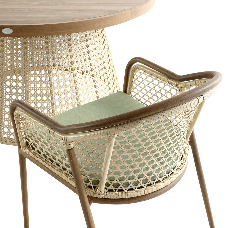 Pienza Outdoor Rattan 6-Seater Round Dining Set, Sage Green Fabric with Light Walnut Frame