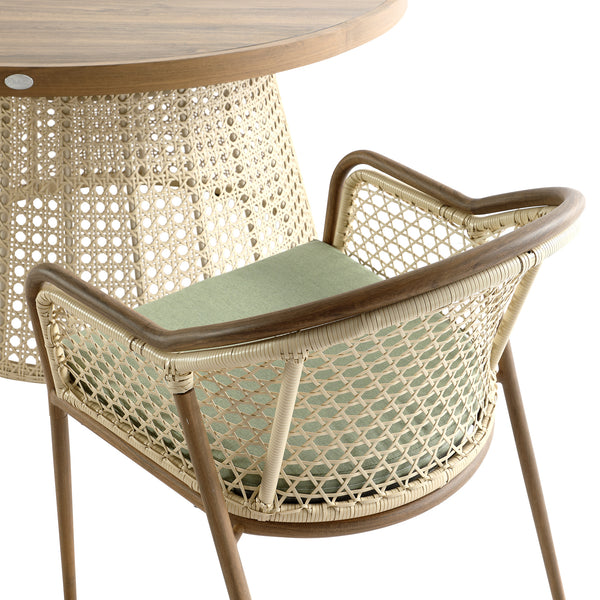 Pienza Outdoor Rattan 6-Seater Round Dining Set, Sage Green Fabric with Light Walnut Frame