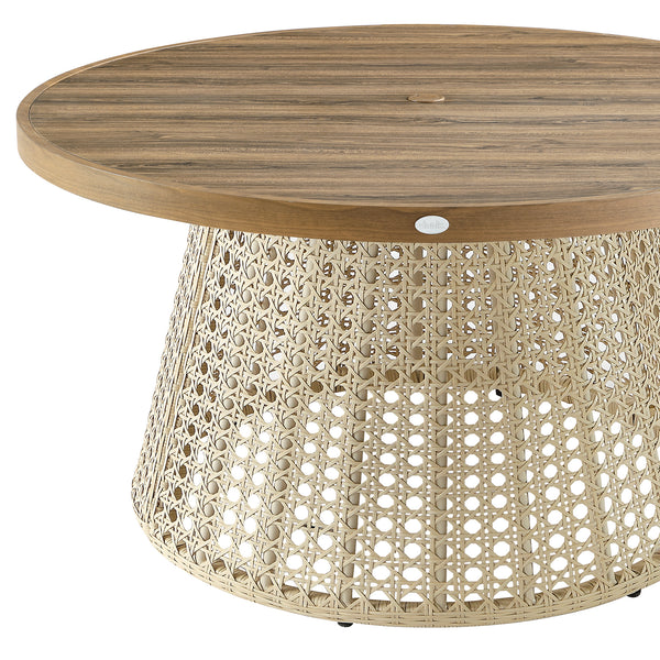 Pienza Outdoor Rattan 6-Seater Round Dining Set, Sage Green Fabric with Light Walnut Frame