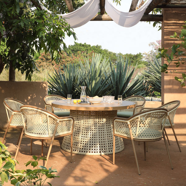 Pienza Outdoor Rattan 6-Seater Round Dining Set, Sage Green Fabric with Light Walnut Frame