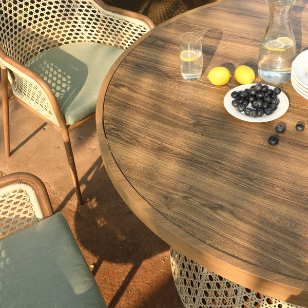 Pienza Outdoor Rattan 6-Seater Round Dining Set, Sage Green Fabric with Light Walnut Frame