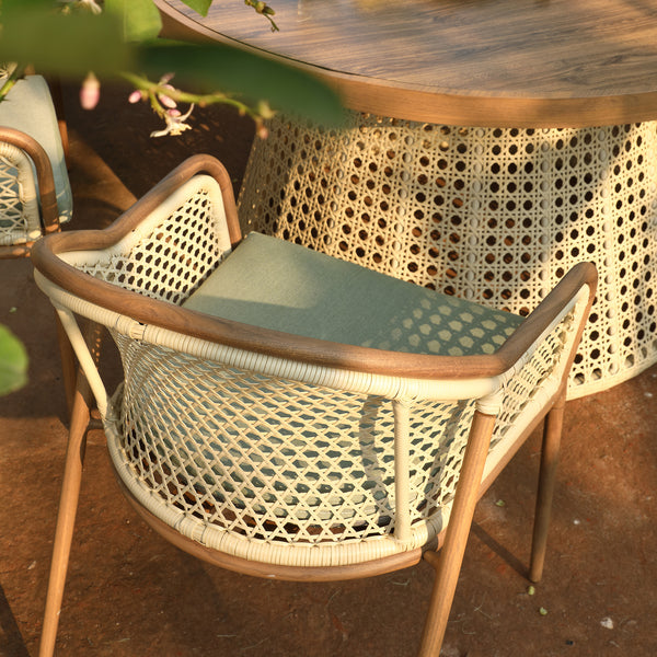 Pienza Outdoor Rattan 6-Seater Round Dining Set, Sage Green Fabric with Light Walnut Frame