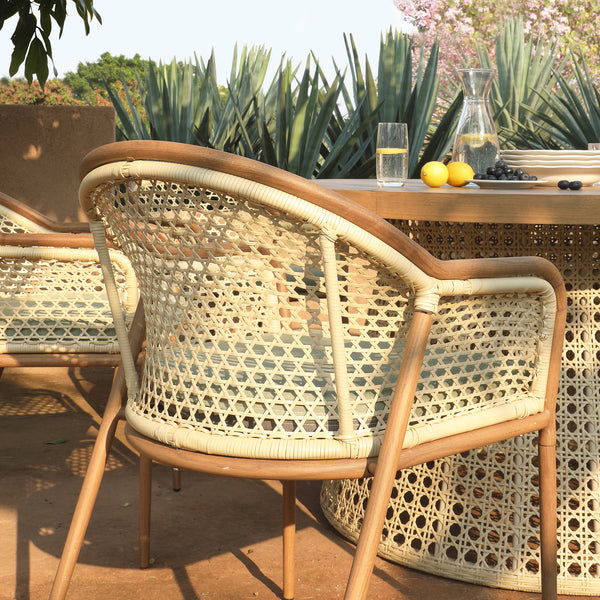 Pienza Outdoor Rattan 6-Seater Round Dining Set, Sage Green Fabric with Light Walnut Frame