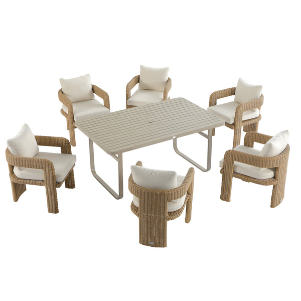Stanford Round Wicker Outdoor 6-Seater Rectangular Dining Set, Natural