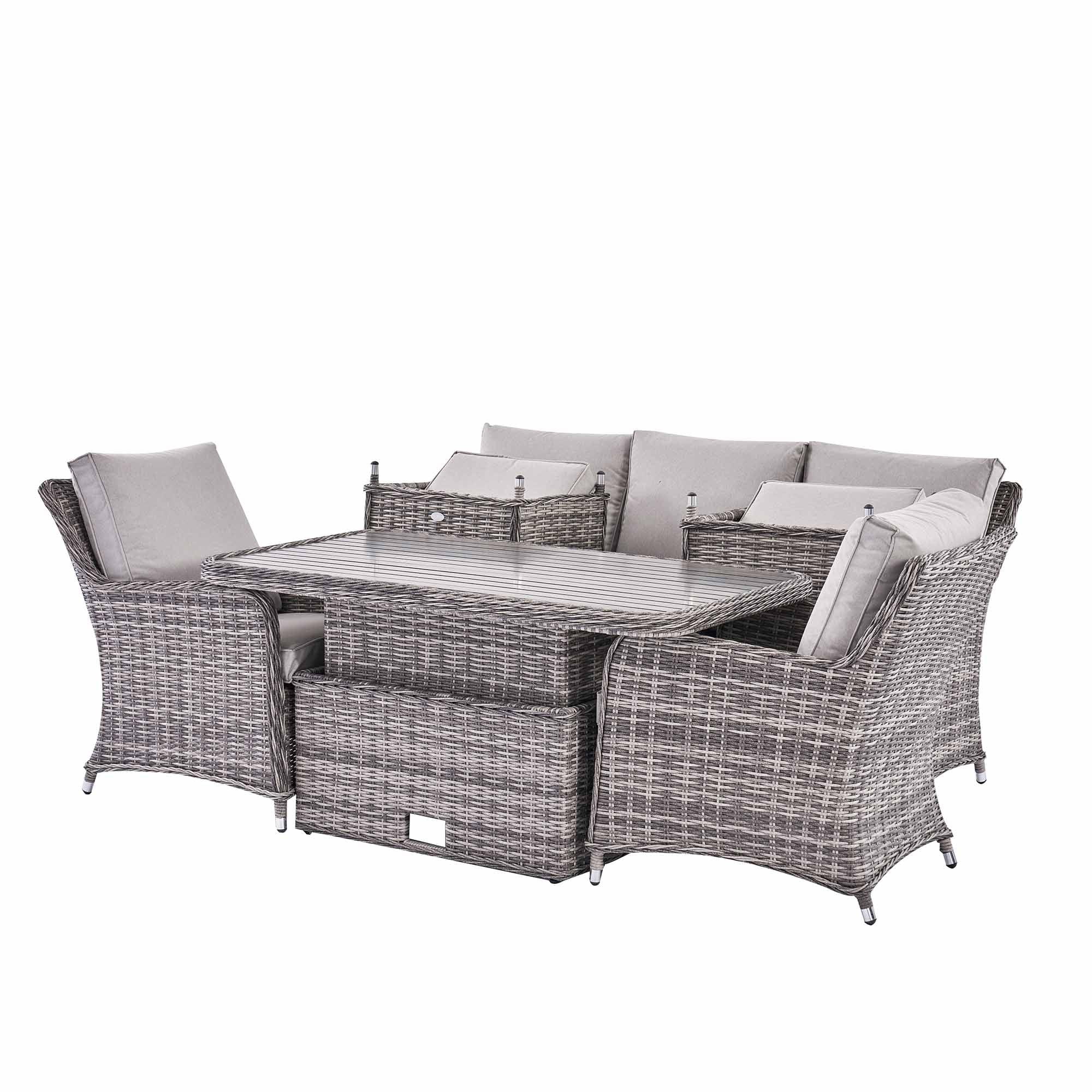 Hampshire 7-Seater Round Wicker Rattan Sofa Set with Rising Table, Light Grey