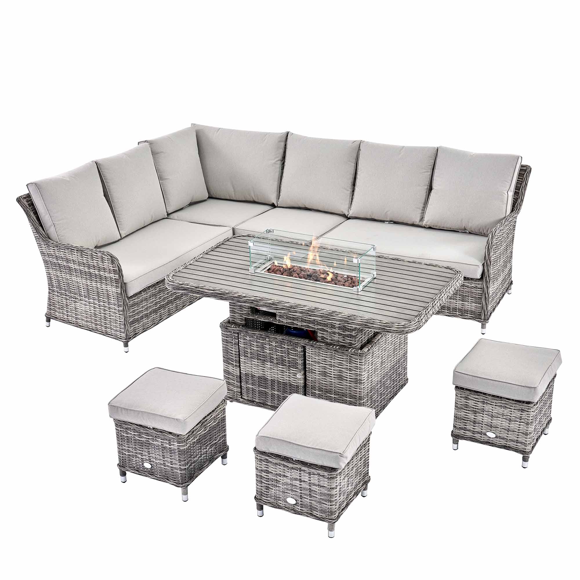 Rattan Rising Table Hampshire Large Corner Round Rattan Dining Set with Rising Firepit ...