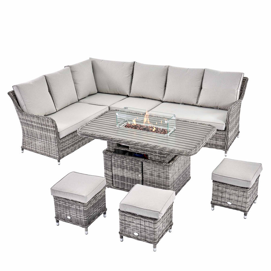 Hampshire Large Corner Round Wicker Rattan Casual Dining Set with Rising Firepit Table, Light Grey