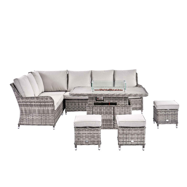 Hampshire Large Corner Round Wicker Rattan Casual Dining Set with Rising Firepit Table, Light Grey