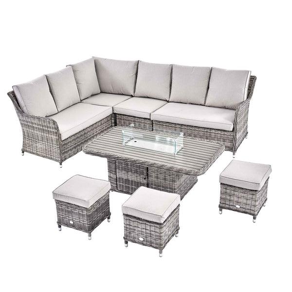 Hampshire Large Corner Round Wicker Rattan Casual Dining Set with Rising Firepit Table, Light Grey