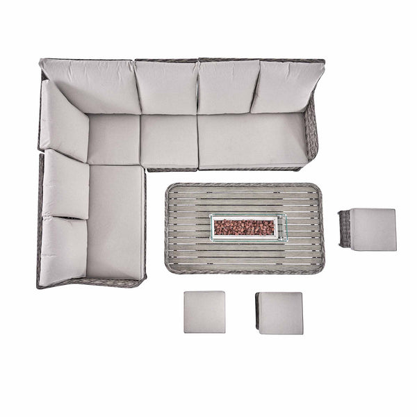 Hampshire Large Corner Round Wicker Rattan Casual Dining Set with Rising Firepit Table, Light Grey