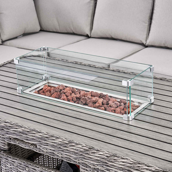 Hampshire Large Corner Round Wicker Rattan Casual Dining Set with Rising Firepit Table, Light Grey