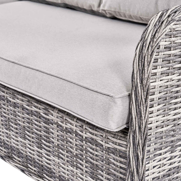 Hampshire Large Corner Round Wicker Rattan Casual Dining Set with Rising Firepit Table, Light Grey