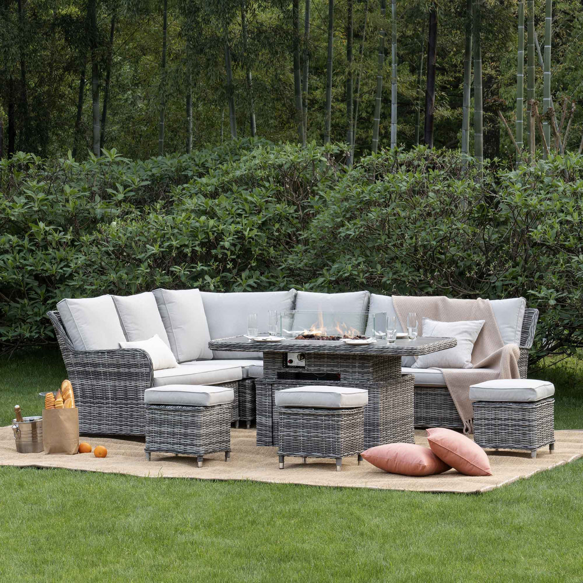 Rattan Rising Table Hampshire Large Corner Round Rattan Dining Set with Rising Firepit ...
