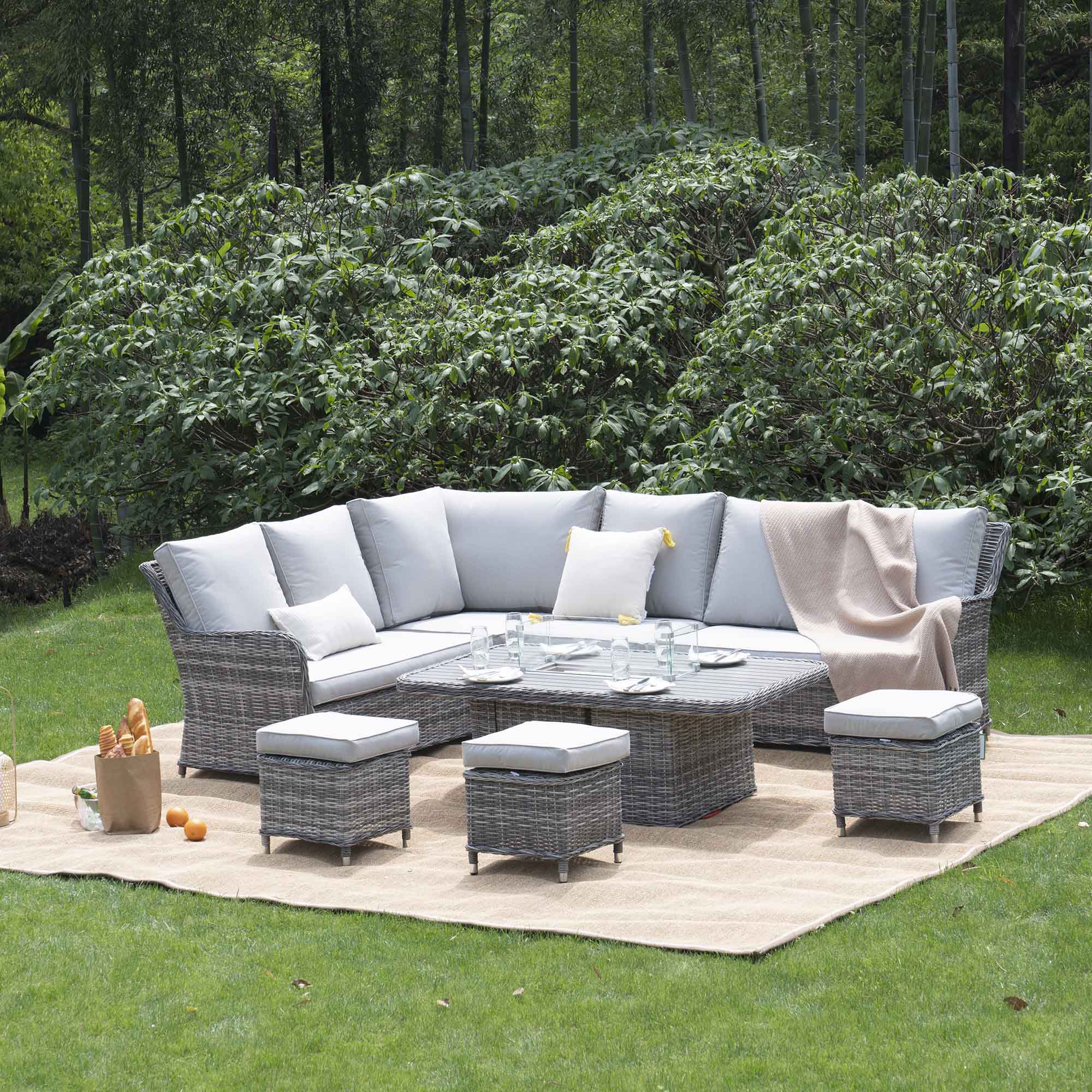 Hampshire Large Corner Round Wicker Rattan Casual Dining Set with Rising Firepit Table, Light Grey