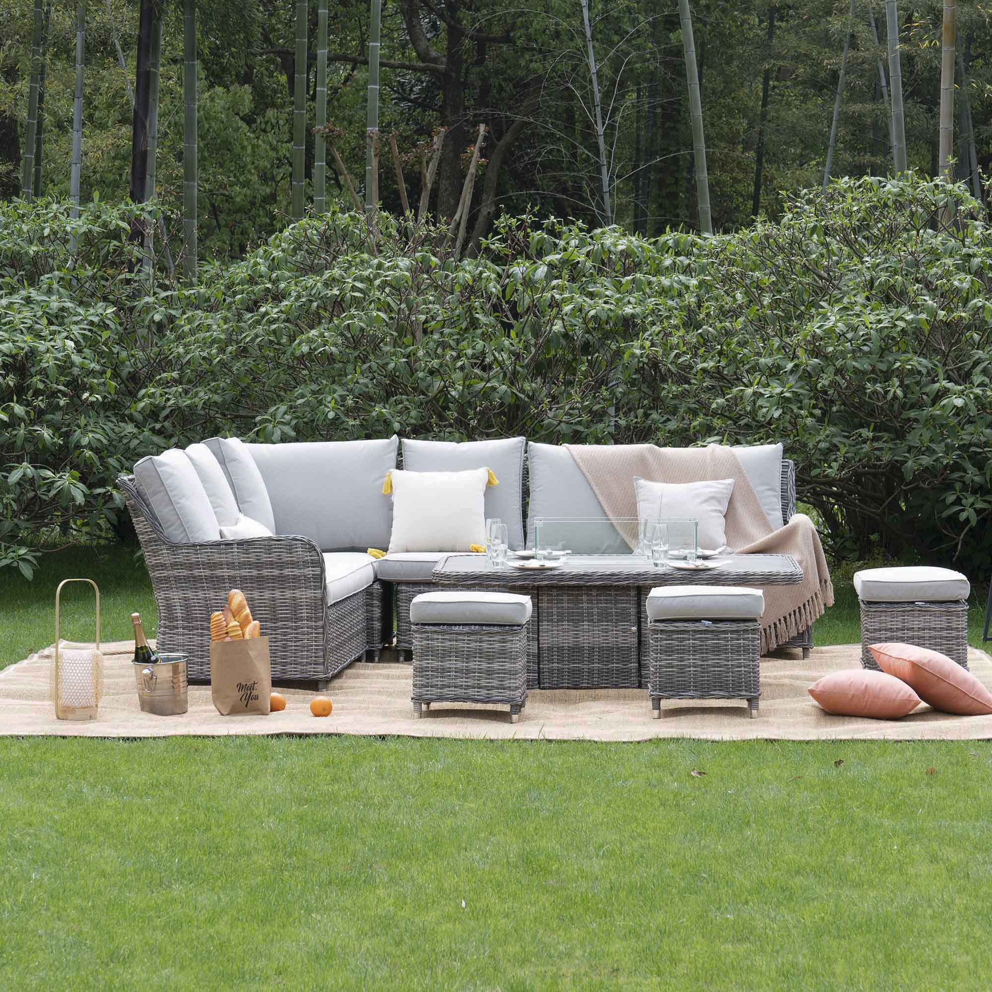 Hampshire Large Corner Round Wicker Rattan Casual Dining Set with Rising Firepit Table, Light Grey