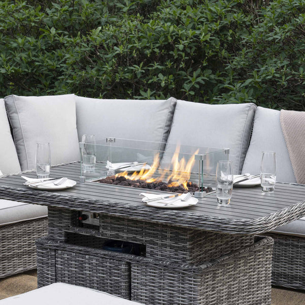 Hampshire Large Corner Round Wicker Rattan Casual Dining Set with Rising Firepit Table, Light Grey