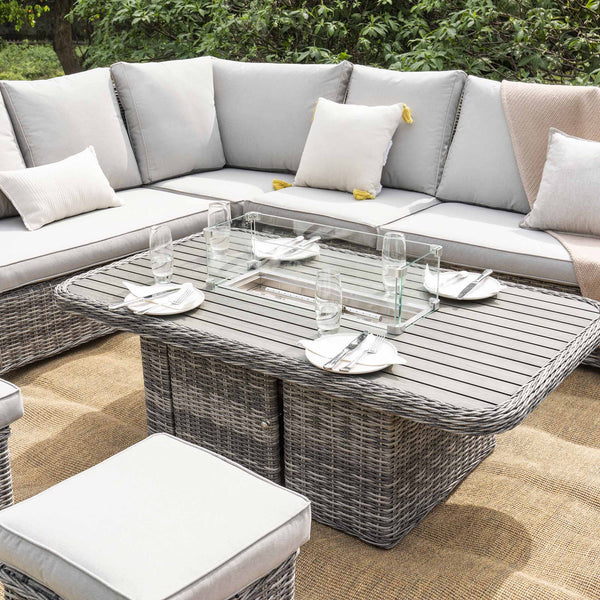 Hampshire Large Corner Round Wicker Rattan Casual Dining Set with Rising Firepit Table, Light Grey