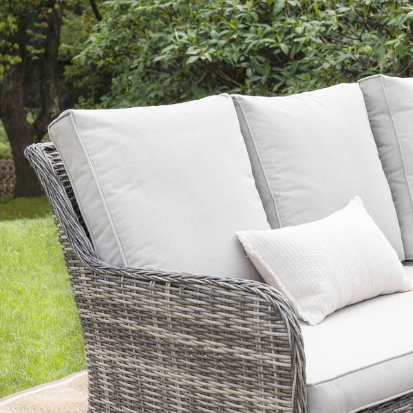 Hampshire Large Corner Round Wicker Rattan Casual Dining Set with Rising Firepit Table, Light Grey