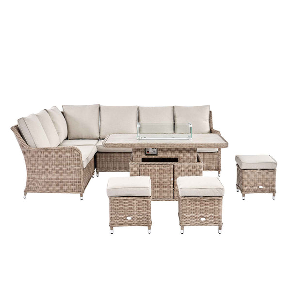 Hampshire Large Corner Round Wicker Rattan Casual Dining Set with Rising Firepit Table, Natural