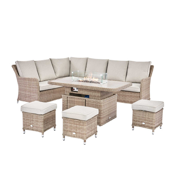 Hampshire Large Corner Round Wicker Rattan Casual Dining Set with Rising Firepit Table, Natural