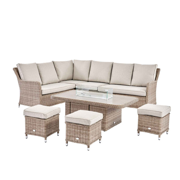 Hampshire Large Corner Round Wicker Rattan Casual Dining Set with Rising Firepit Table, Natural