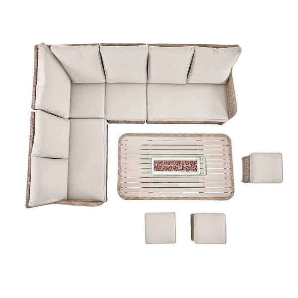 Hampshire Large Corner Round Wicker Rattan Casual Dining Set with Rising Firepit Table, Natural