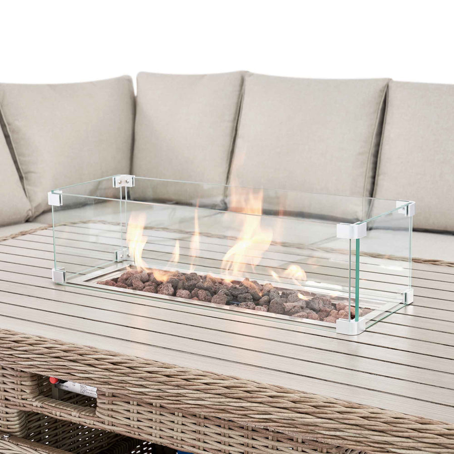 Hampshire Large Corner Round Wicker Rattan Casual Dining Set with Rising Firepit Table, Natural