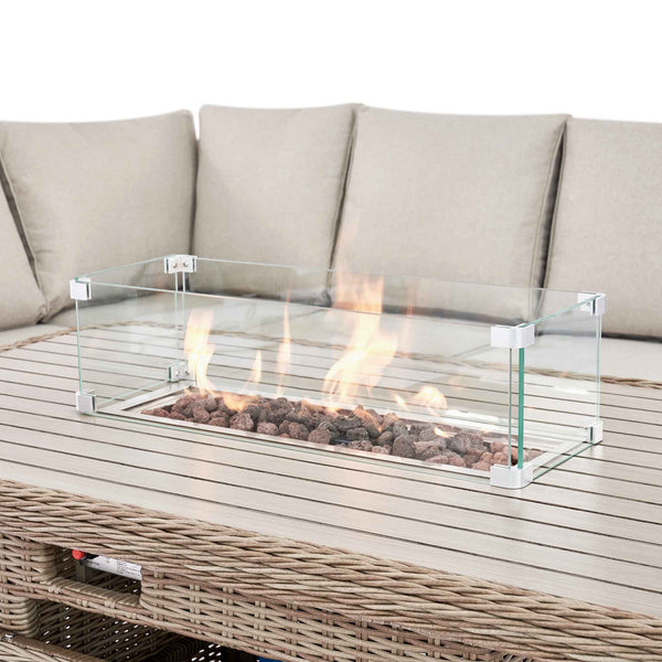 Hampshire Large Corner Round Wicker Rattan Casual Dining Set with Rising Firepit Table, Natural