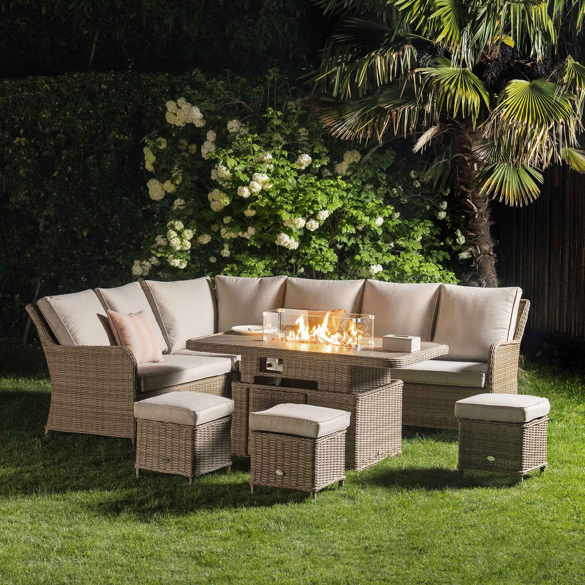 Rattan Rising Table Hampshire Round Wicker Casual Dining Set with Rising Firepit Table ...
