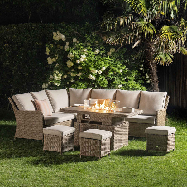 Hampshire Large Corner Round Wicker Rattan Casual Dining Set with Rising Firepit Table, Natural