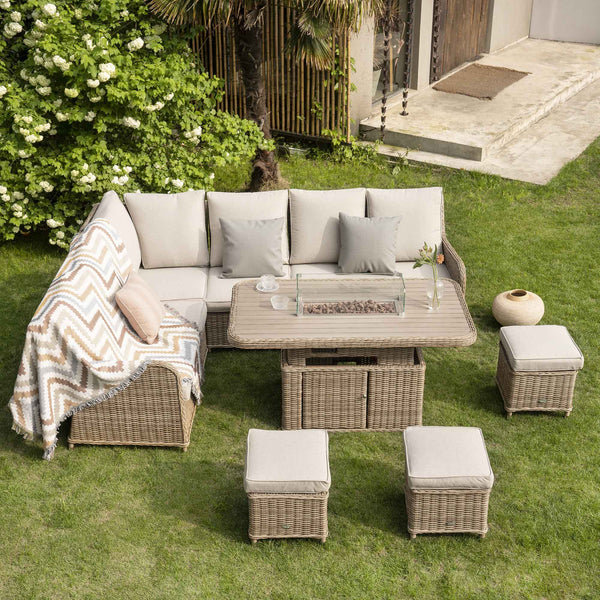 Hampshire Large Corner Round Wicker Rattan Casual Dining Set with Rising Firepit Table, Natural